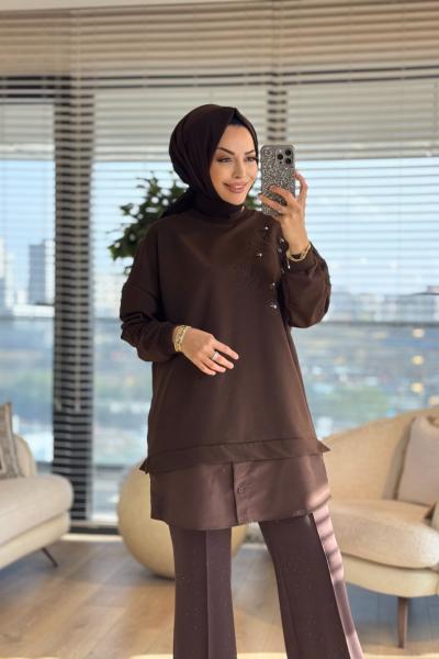 10739 Sağ Omuz Nakış Ve Taş İşlemeli Tunik Kahve