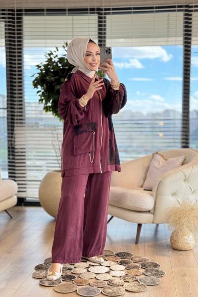 10753 Sağ Taraf Desenli Cebi Zincirli Takım Bordo
