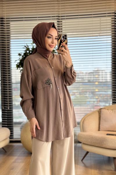 10763 Cep Üstü Broş İşli Gömlek Vizon