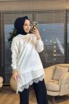 10766 Etek Ucu Dantelli Tunik Ekru