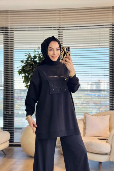 10768 Ön Parça Ve Fermuar Detaylı Tunik Siyah