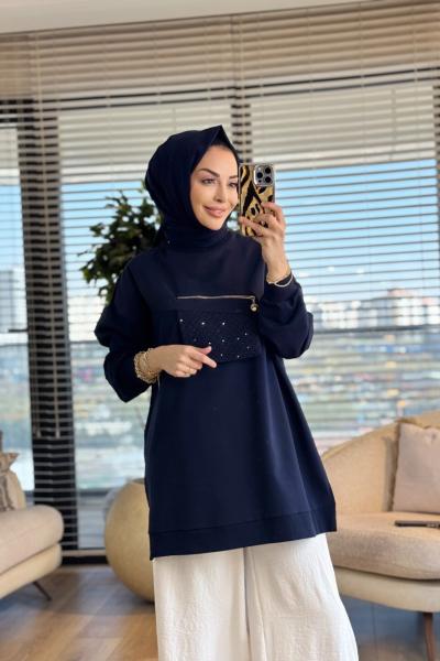 10768 Ön Parça Ve Fermuar Detaylı Tunik Lacivert