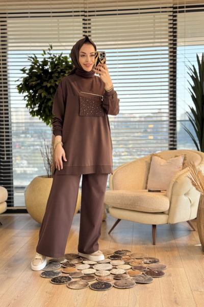 10768 Ön Parça Ve Fermuar Detaylı Tunik Kahve