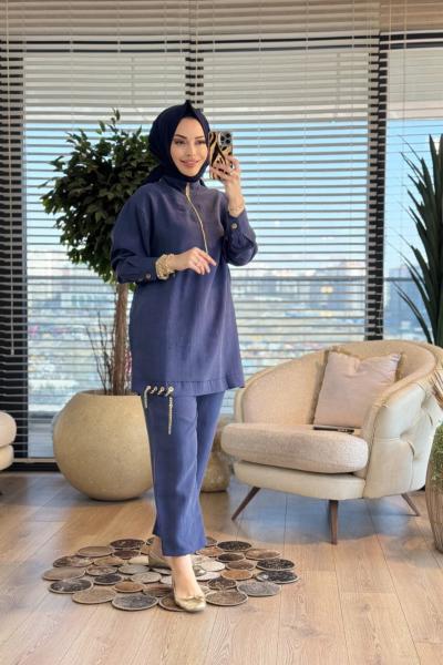 10900 Patı Fermuarlı Eteği Zincirli Pantolon Takım Lacivert