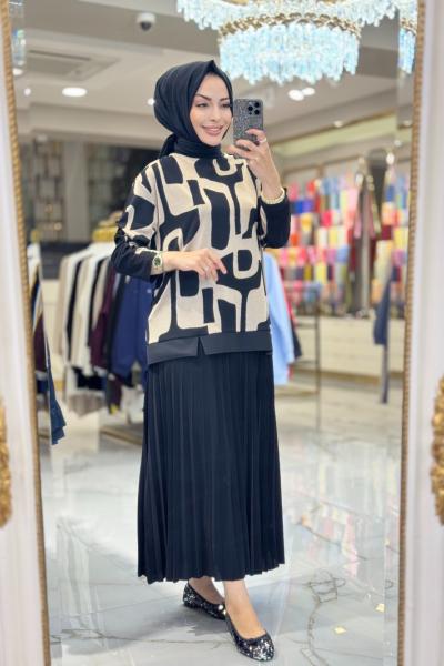 11130 Üst Geometrik Desenli Pilise Etekli Takım Siyah Bej