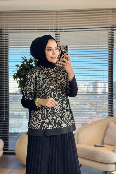 11132 Ön Karışık Geometrik Desen Takım Siyah Bej