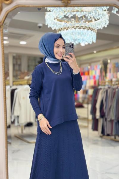 114 Etek Ve Kolu Balık Sırtı Desenli Takım Lacivert