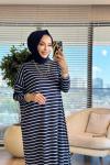 1217 Çizgili Yırtmaçlı Uzun Elbise Lacivert