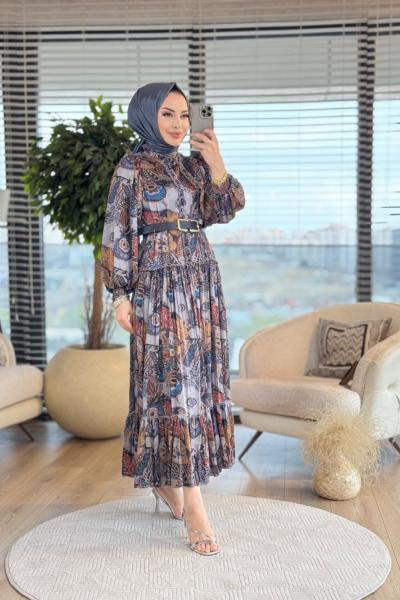 1243 Saten Desenli Eteği Fırfırlı Elbise Antrasit