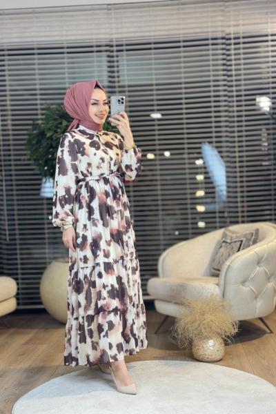 12601 Şifon Üstü Desenli Elbise Bej Kahve