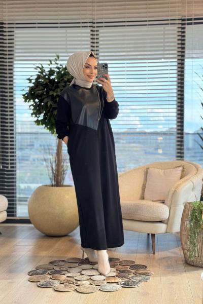 12656 Deri Parçalı Fermuar Detaylı Elbise Siyah