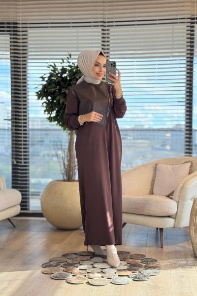 12656 Deri Parçalı Fermuar Detaylı Elbise Kahve