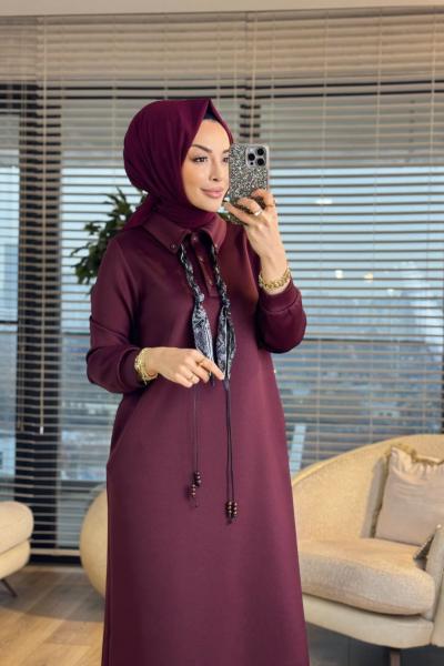 12669 Fularlı Patı Düğmeli Elbise Mürdüm