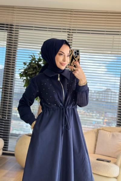 12674 Roba Ve Kol Petek Desen Elbise Lacivert