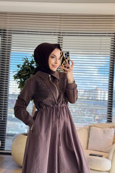 12674 Roba Ve Kol Petek Desen Elbise Kahve