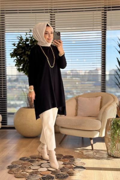 127 Kolları Lastik Örgü Triko Tunik Siyah