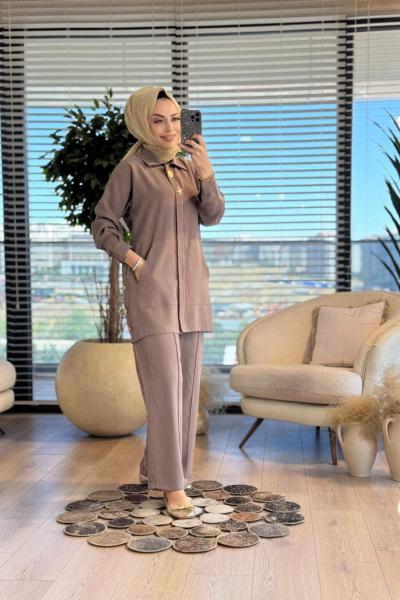 1304 Patı Metal Aksesuarlı Fermuarlı Takım Vizon