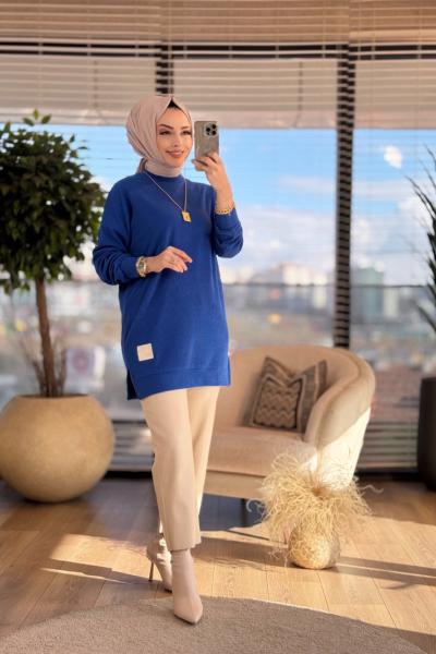 1384 Eteği Bantlı Yırtmaçlı Tunik Saks