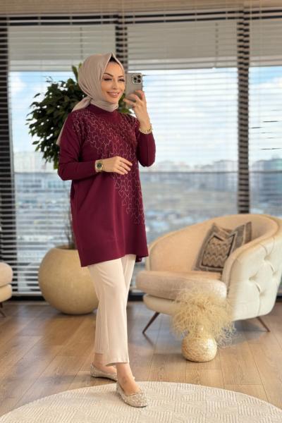 140315 Kalp Desen Taşlı Triko Tunik Bordo