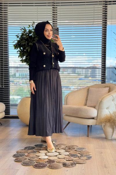 140363 Angora Sim Ve Püskül Detaylı Triko Yelek Siyah