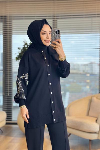 140497 Sırt Ve Kol İşlemeli Triko Hırka Siyah