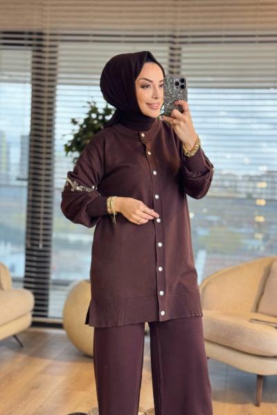 140497 Sırt Ve Kol İşlemeli Triko Hırka Kahve