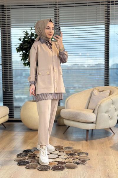 1405 Gömlek Üstü Yelek Detaylı Takım Bej