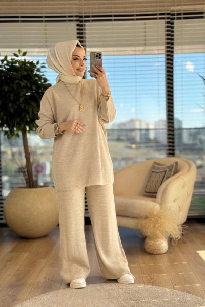 14053 Selanik Triko Pantolon Takım Bej