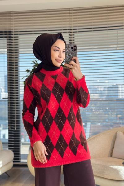 140542 Baklava Desenli Simli Tunik Kırmızı