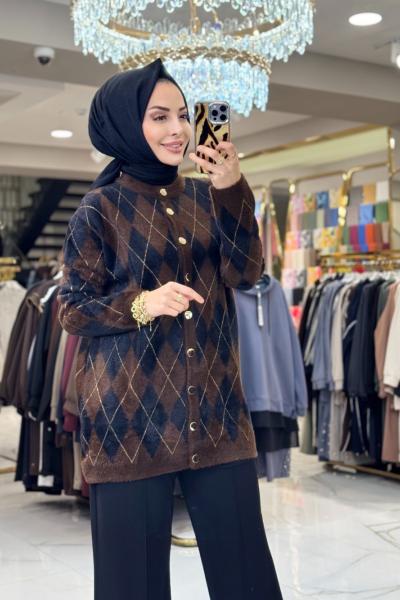 140588 Baklava Desen Simli Uzun Hırka Kahve