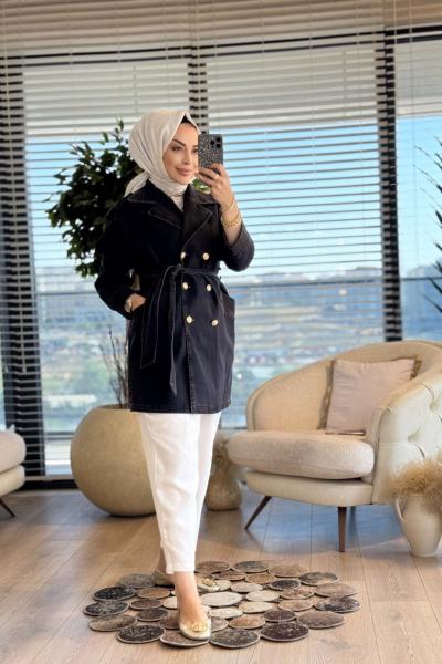 141250 Altı Düğmeli Kot Kısa Trenç Siyah