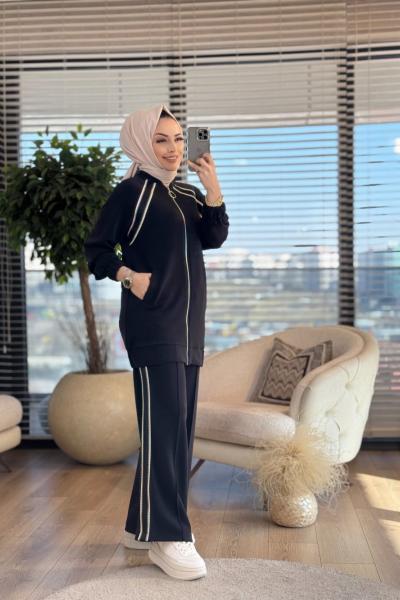 14290 Ön Ve Pantolon Yanı Sutaşı Şeritli Takım Siyah