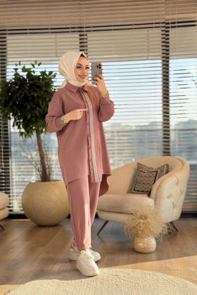 14297 Patı Şerit Ve Düğmeli Takım Gül