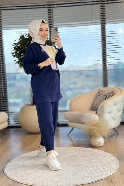 14312 Fermuar Ve Desen Parçalı Takım Lacivert