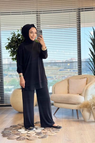 14352 Etek Ucu Şifonlu Takım Siyah