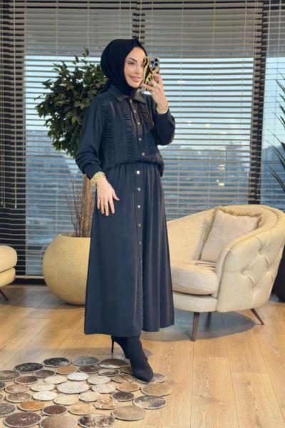 1438 Ön Büzgülü Etekli Takım Siyah