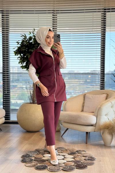 14382 Üst Yelekli Önü Cepli Takım Bordo