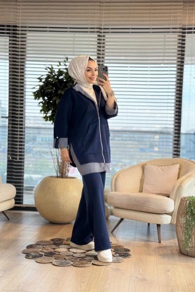 14383 Etek Ucu Ve Manşeti Çizgili Takım Lacivert