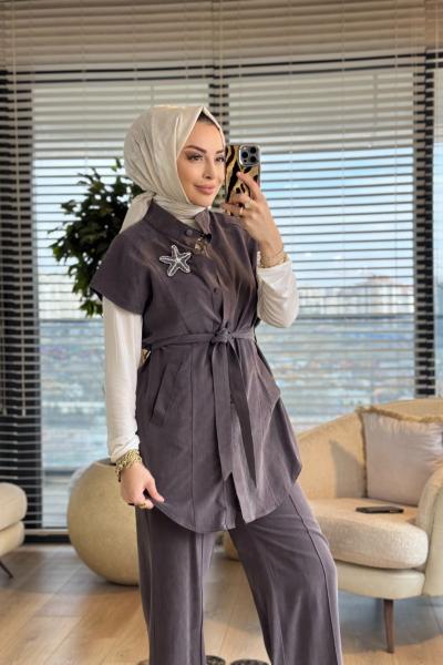 14454 Üst Yelek Ön Çıtçıtlı Broşlu Takım Kahve