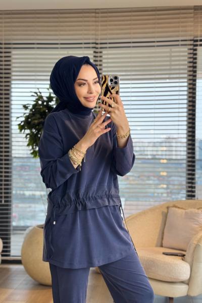 14456 Önü Saten Şerit Detaylı Takım Lacivert