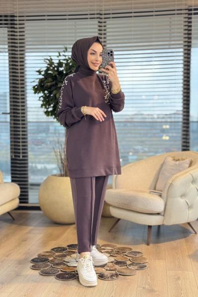 1448 Sol Omuz Ve Sağ Ön Taş İşli Takım Kahve