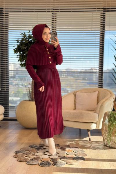 14502 Gold Düğmeli Triko Elbise 2li Takım Bordo