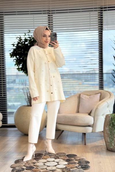 145120 Angora İnci Taş İşlemeli Hırka Ekru