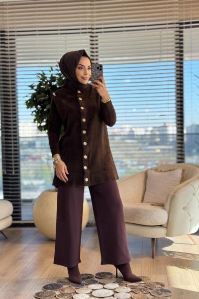 145402 Angora Omuzu Şık Taşlı Hırka Kahve