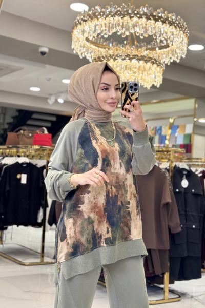 1455 Ön Arka Desenli Yandan Fermuarlı Takım Çağla