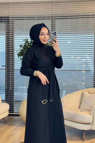 146 Sol Arka Ön Şeritli Triko Elbise Siyah