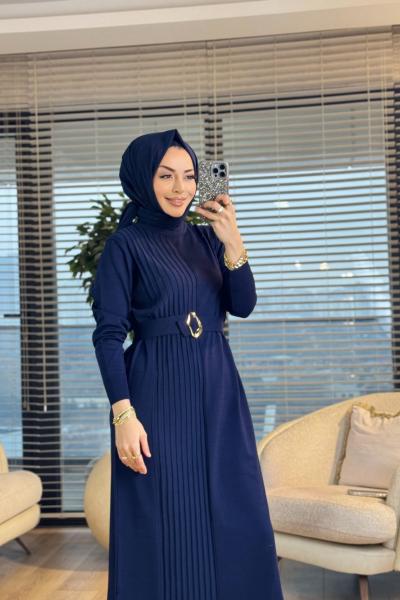 146 Sol Arka Ön Şeritli Triko Elbise Lacivert