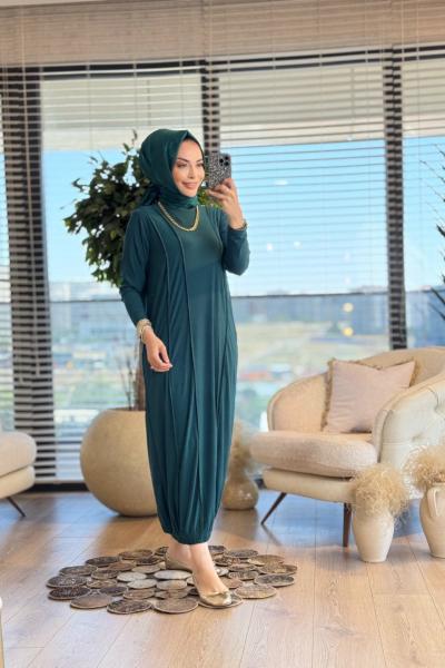 1509 Lina Önü Parçalı Elbise Zümrüt