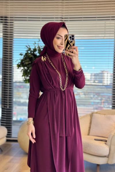 1513 Üstleri Üçgen Pelerinli Elbise Mürdüm