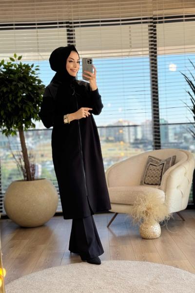 15178 Omuzlar Deri Kolları Triko Kap Siyah